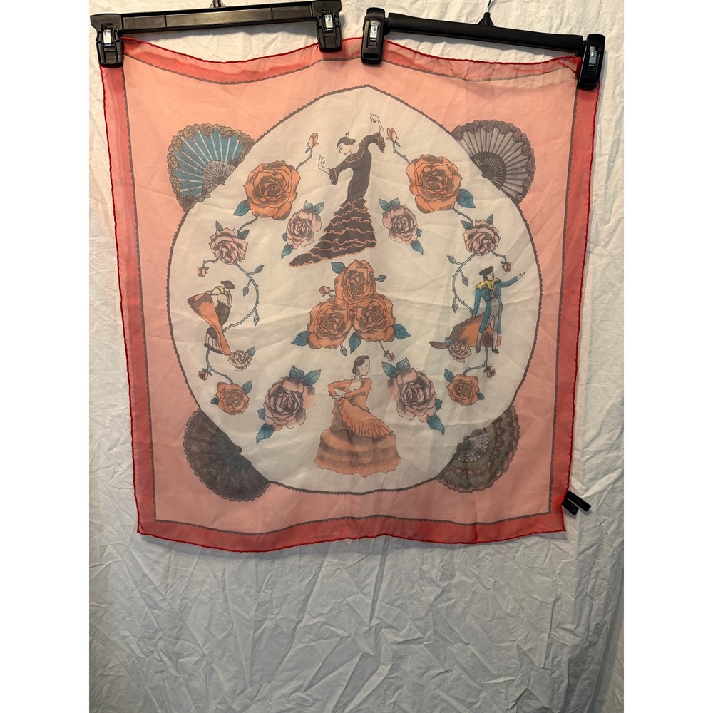 Tarnish Coral Pink Spanish Flamenco Dancer Rose Print Square Sheer Scarf 20x20